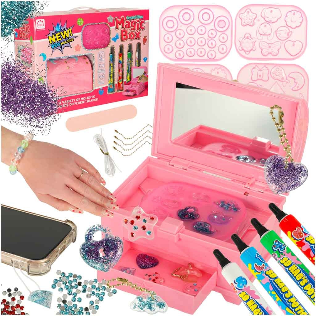 DIY smyckeskit barn med UV-box 90 sek, UV-lim 4 färger, formar 4