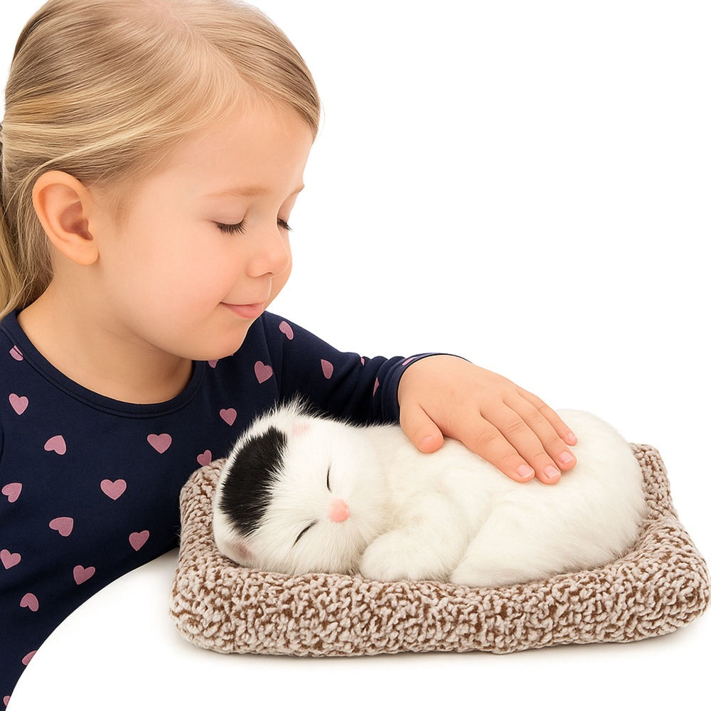 Dekorativ kattfigur sovande vit katt med mjau-ljud, kudde & väska