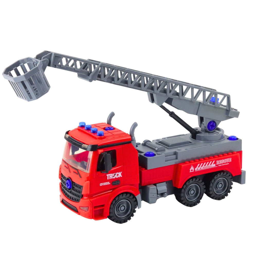 Demonterbar brandbil leksak 28 cm med skruvmejsel, rörlig stege 45 cm