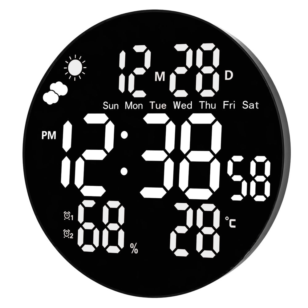 Digital LED-väggklocka 25,5 cm med fjärrkontroll, temp & fukt