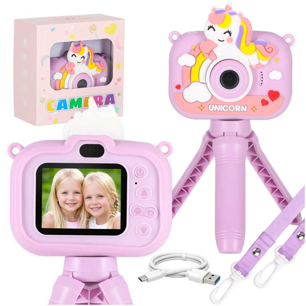 Digitalkamera för barn lila enhörning, dubbelkamera 1080P, mini-stativ