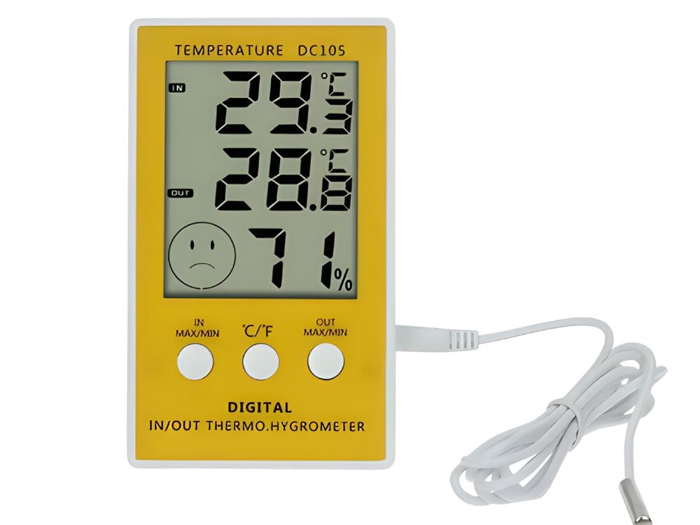 Digital termometer/hygrometer med extern probe -50 till 90°C gul/vit