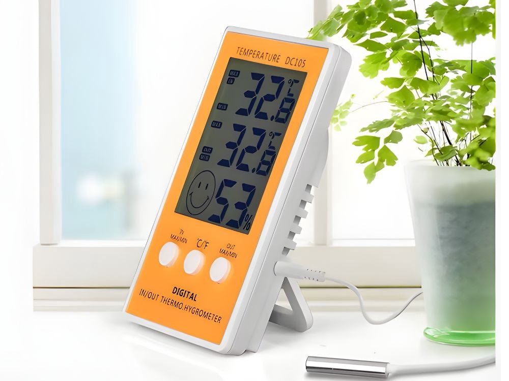 Digital termometer/hygrometer med extern probe -50 till 90°C gul/vit