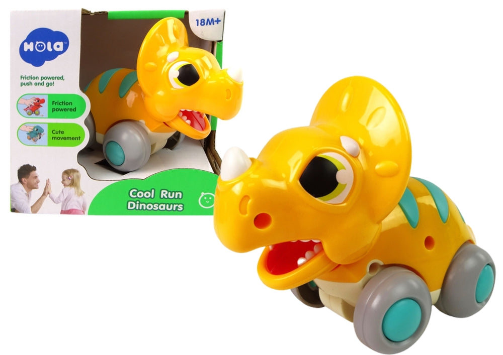 Dinosaurieleksak på hjul Triceratops gul 13 cm, från 18 mån