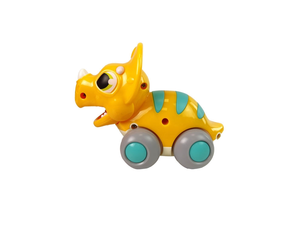 Dinosaurieleksak på hjul Triceratops gul 13 cm, från 18 mån