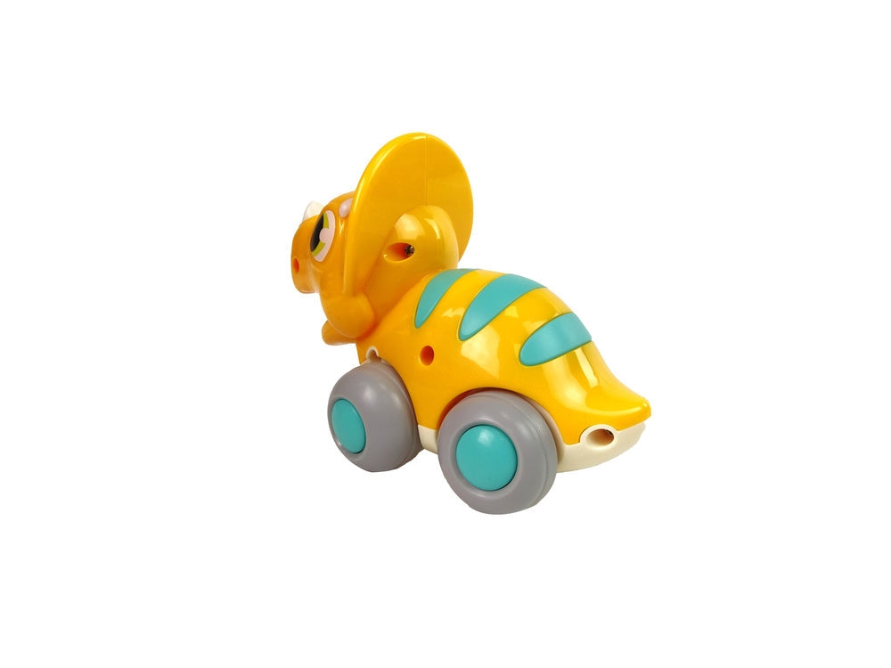 Dinosaurieleksak på hjul Triceratops gul 13 cm, från 18 mån