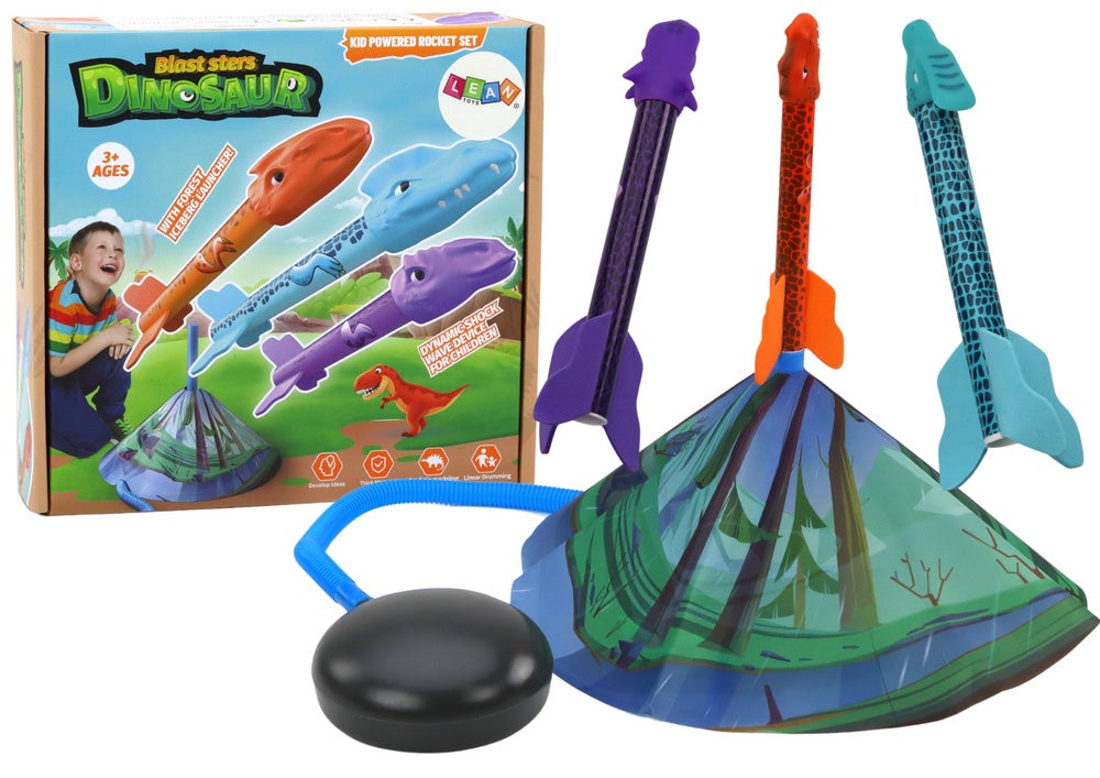 Dinosaurie raketset med launcher 3 st mjuka skumraketer för barn 3+