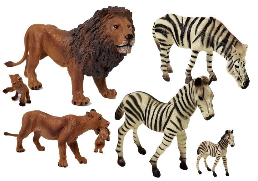 Djurfigurer safari set 7-pack lejon och zebror i hårdgummi