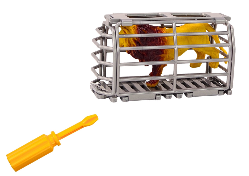 Djurtransportflygplan leksak med bur och lejonfigur, skruvmejsel, orange