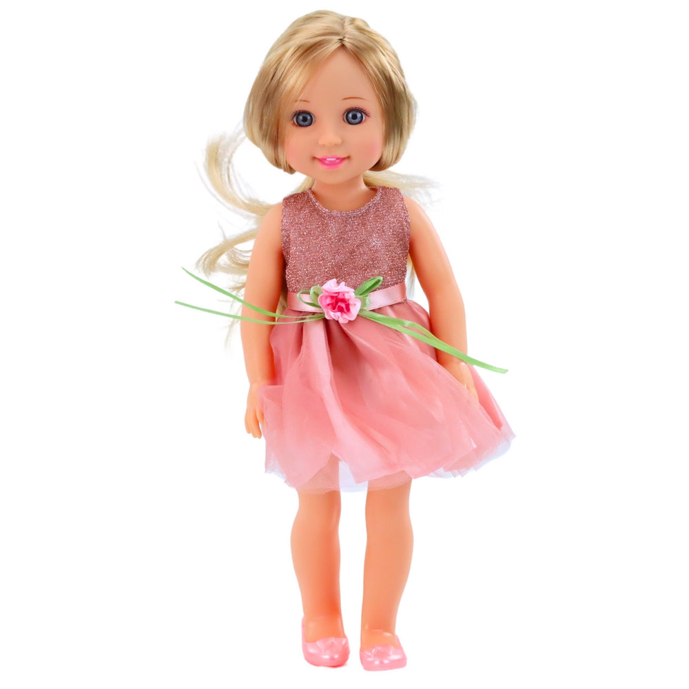 Docka 38 cm med kam, blondt hår, rosa klänning, rörliga armar/ben