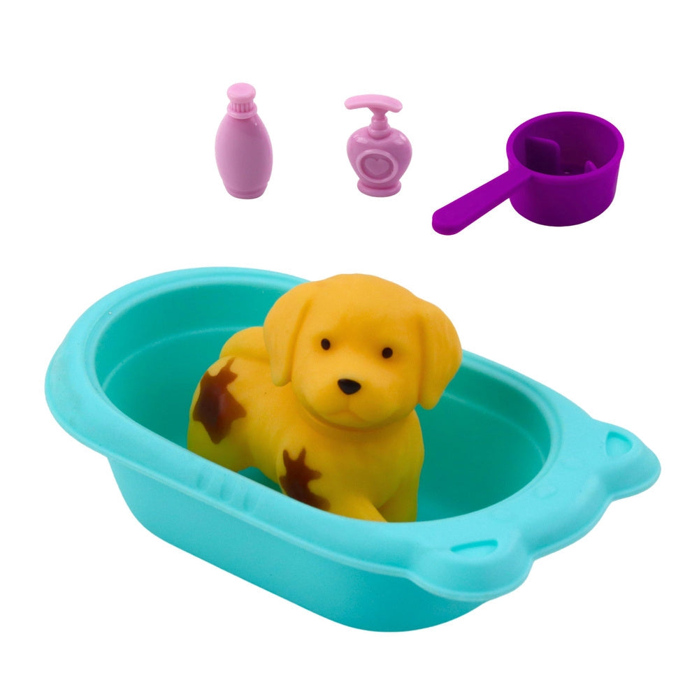 Docka med hund bad- och groomingset 13 cm, hund ändrar färg i vatten