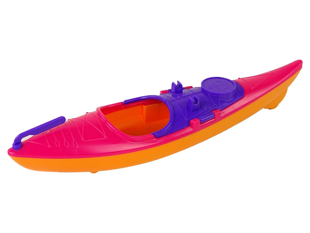 Docka med kajak set 29 cm rosa kajak med paddel och flytväst 3+