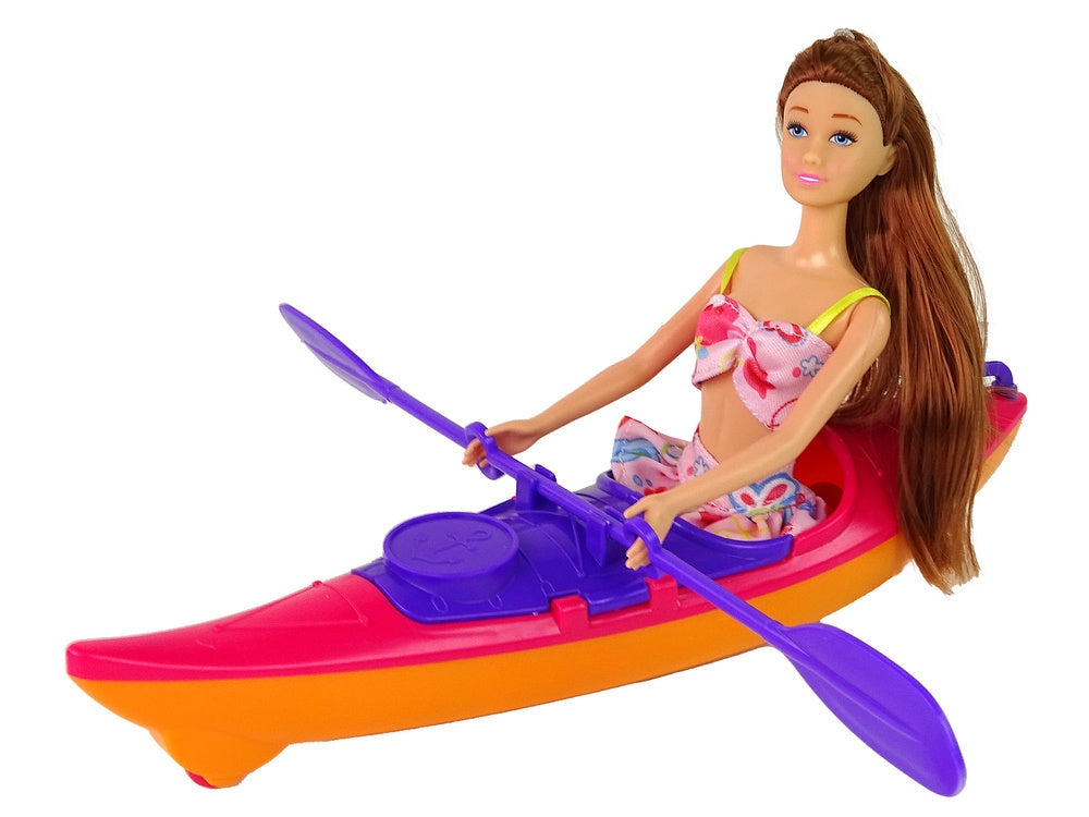 Docka med kajak set 29 cm rosa kajak med paddel och flytväst 3+