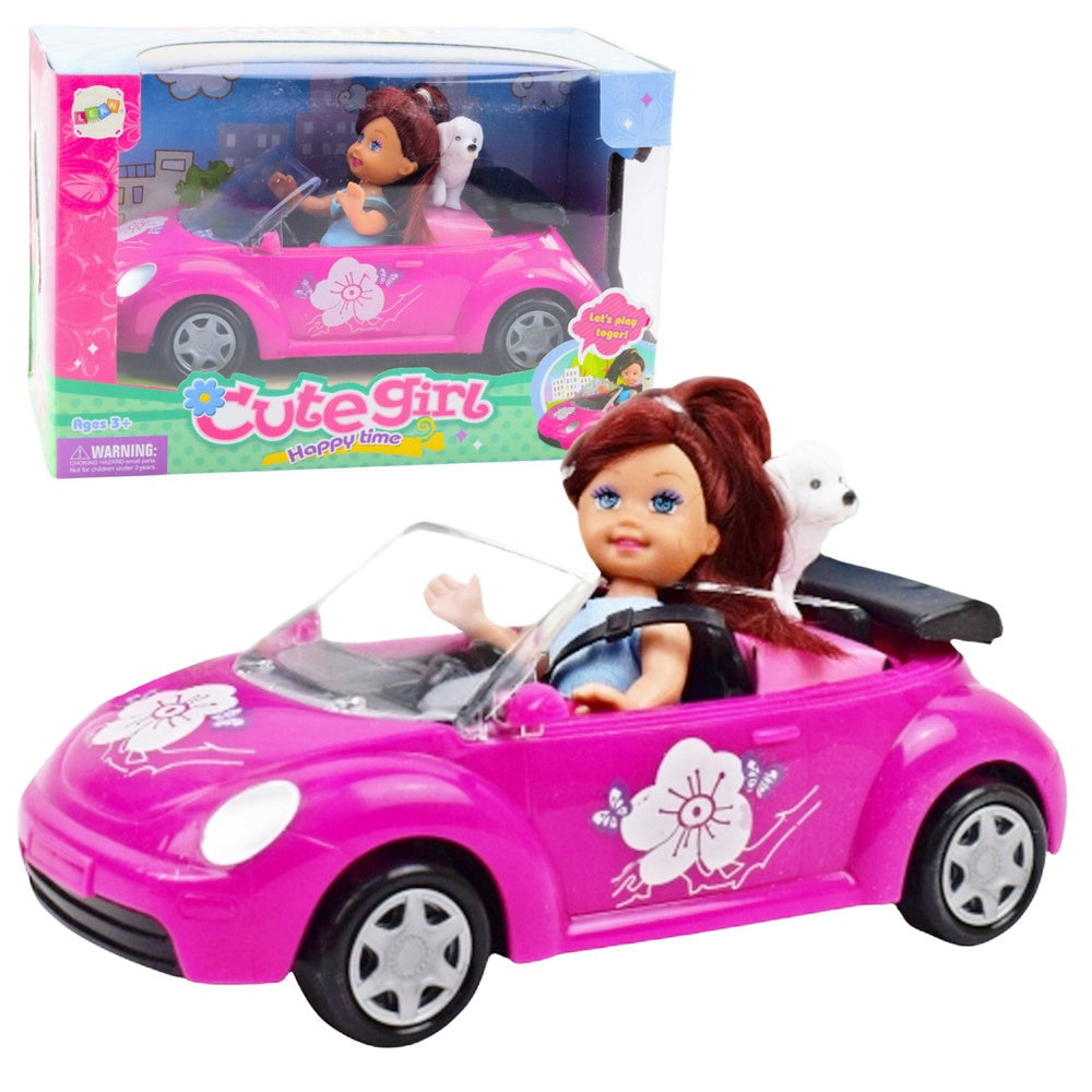 Docka med rosa cabriolet och hund, set 3 delar