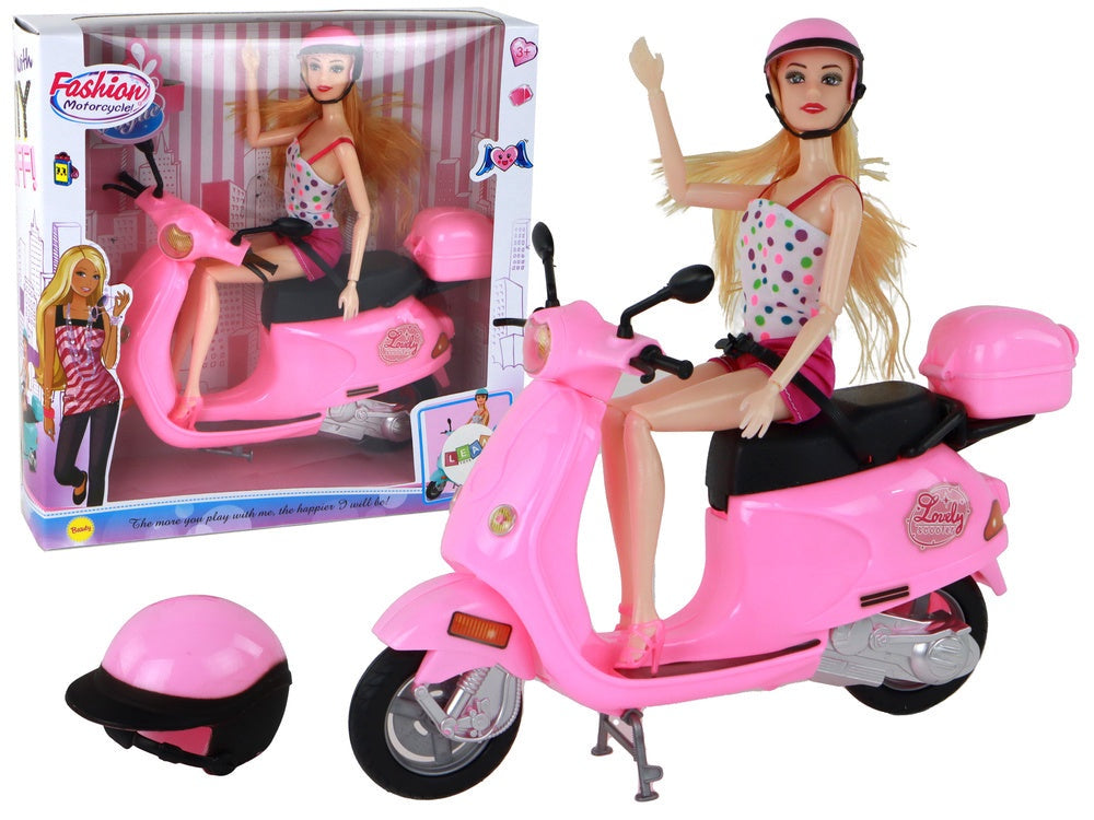 Docka med rosa scooter och hjälm, rörliga leder, från 3 år