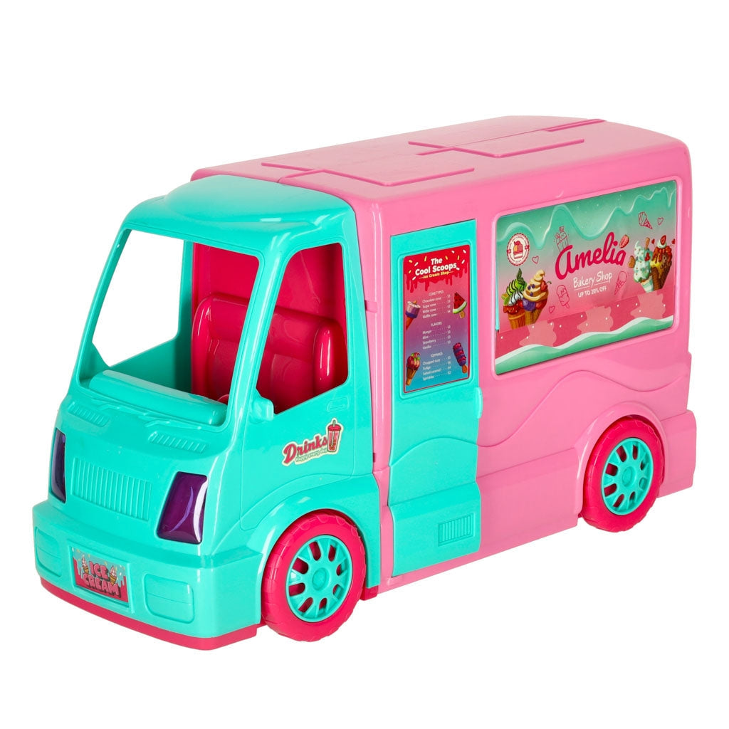 Dockbil 2-i-1 food truck/camper med docka och tillbehör 21 delar