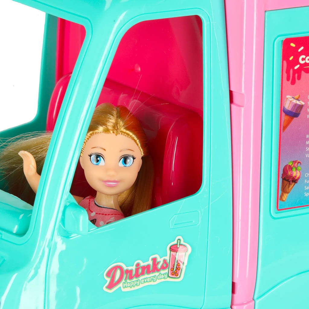 Dockbil 2-i-1 food truck/camper med docka och tillbehör 21 delar