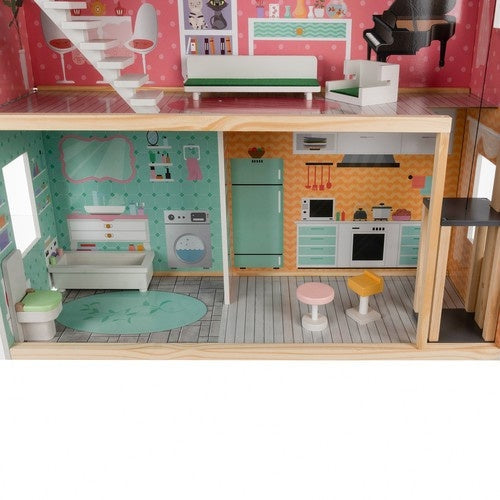 Dockhus i trä/MDF 114 cm, 3 våningar, 4 rum, 10 delar möbler