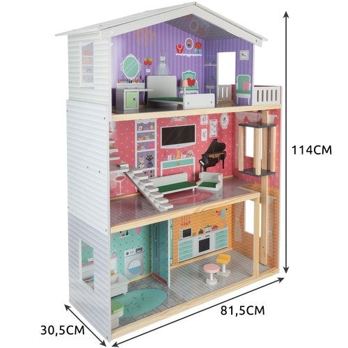 Dockhus i trä/MDF 114 cm, 3 våningar, 4 rum, 10 delar möbler