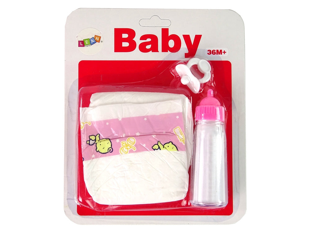 Docktillbehör set nappflaska, napp och blöja rosa, från 3 år