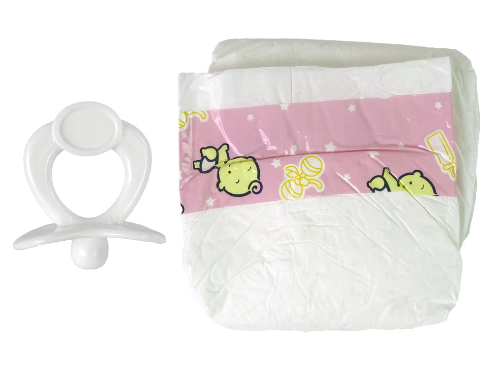 Docktillbehör set nappflaska, napp och blöja rosa, från 3 år