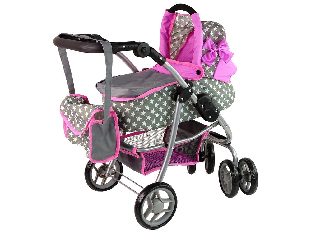 Dockvagn 2-i-1 med bärväska rosa stjärnor för docka ca 40 cm