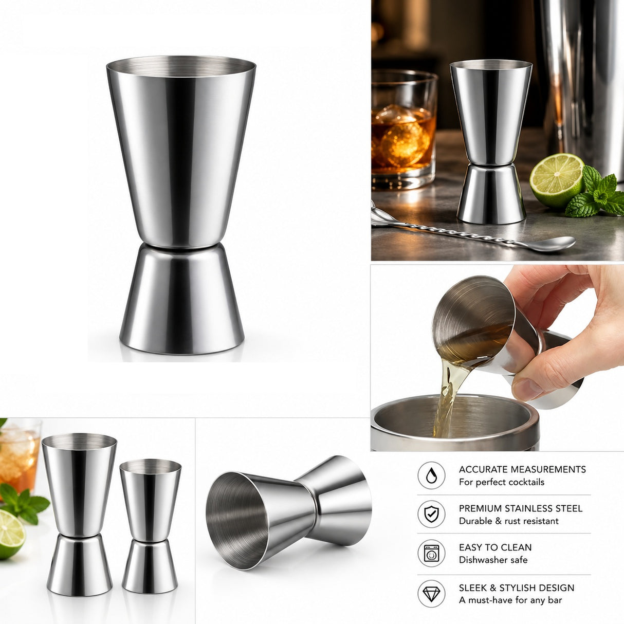 Drinkmått dubbelt mätglas 30/60 ml i stål silver