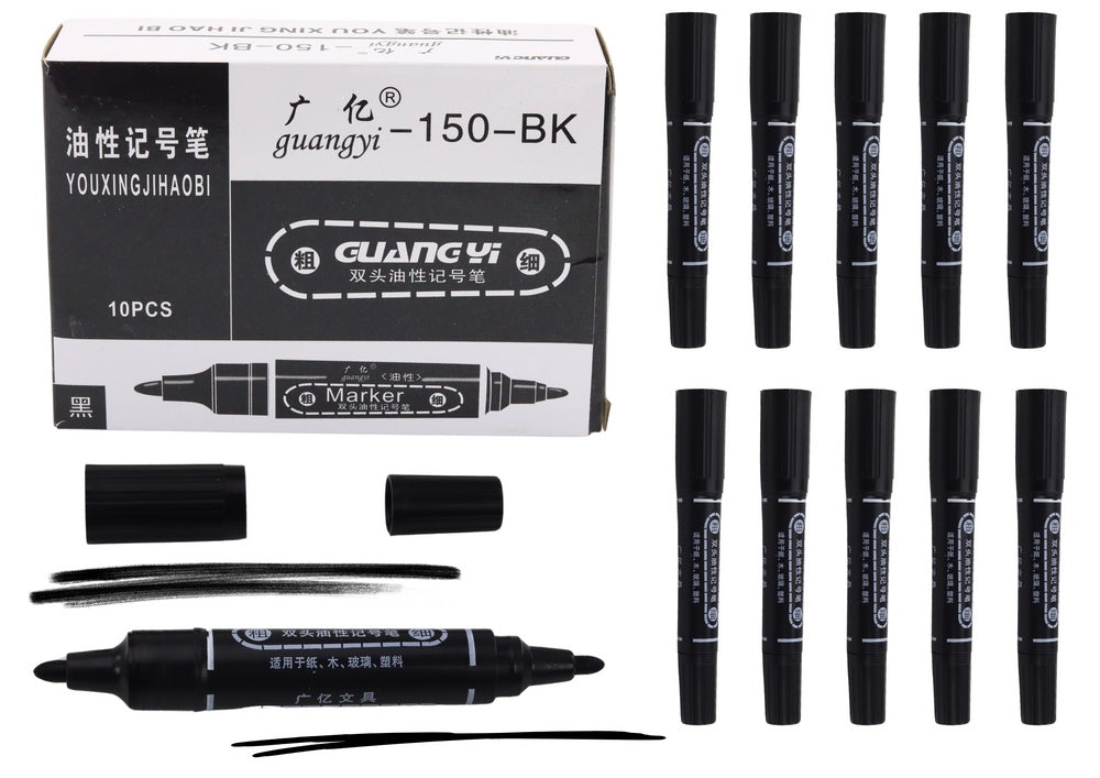 Dubbeländade permanenta markörer svart 10-pack, snabbtorkande