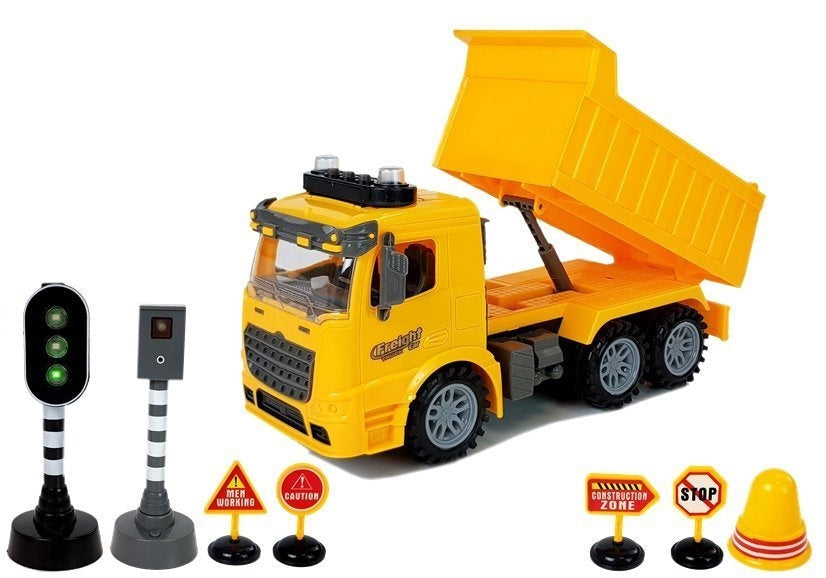 Dumper leksaksset 1:14 med friktionsdrift, ljus/ljud & trafikskyltar