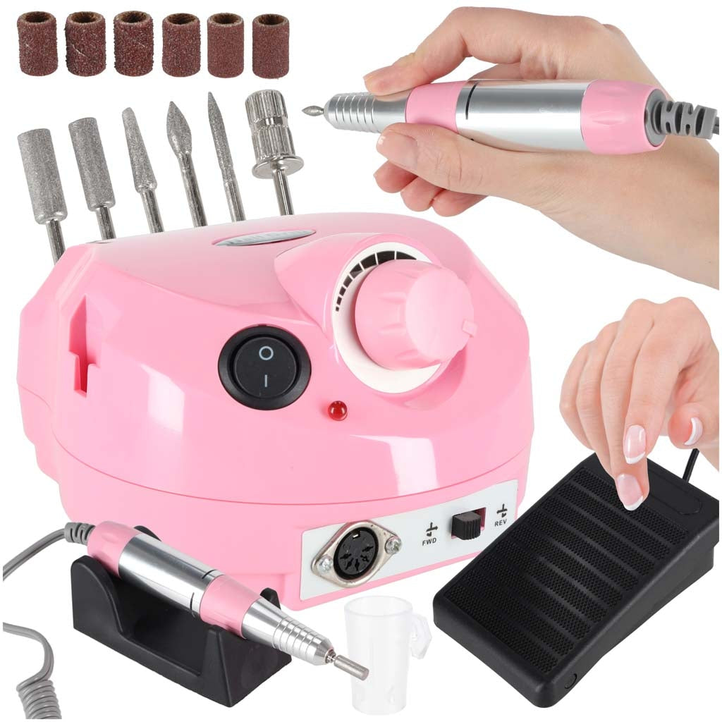 Elektrisk nagelfil 35 000 rpm med fotpedal, bits & slipband rosa