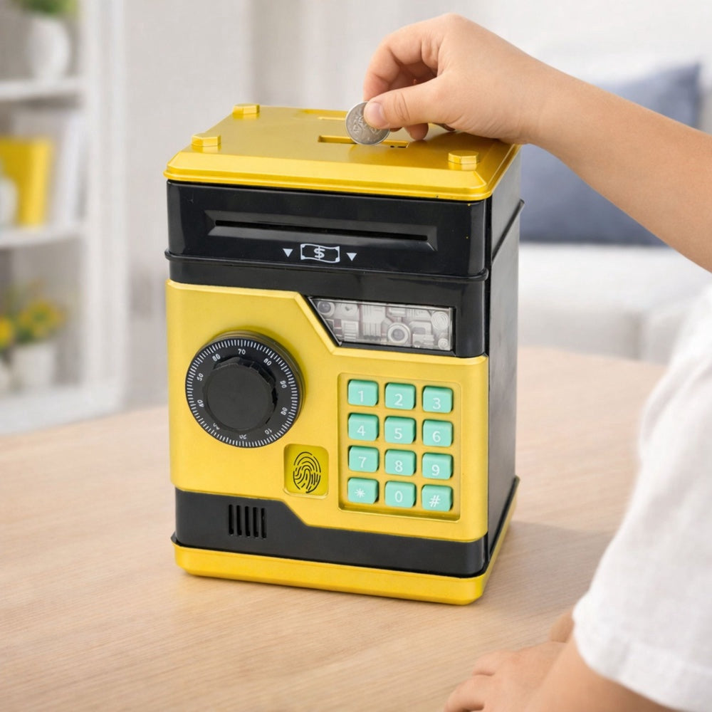 Elektronisk spargris ATM med PIN-kod, mynt- och sedelinsättning, guld