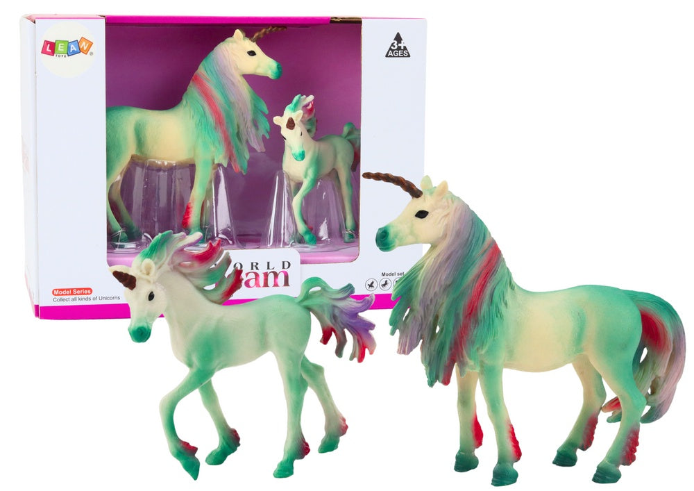Enhörningsfigurer 2-pack grön vuxen + föl 12 cm/8 cm, CE EN71