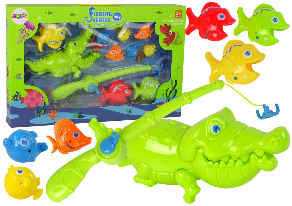 Fiskespel med fiskespö och rulle 11 delar, 9 fiskar + krokodil 3+
