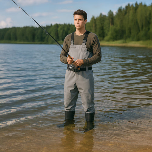 Fiskewaders PVC vattentäta med hängslen och bälte grå stl 43