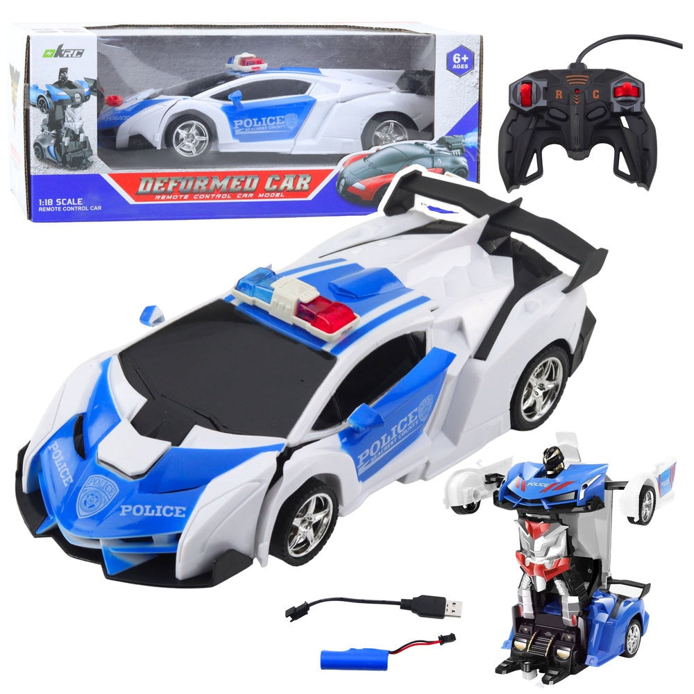 Fjärrstyrd 2-i-1 polisbilsrobot 1:18 med ljus/ljud och batteri