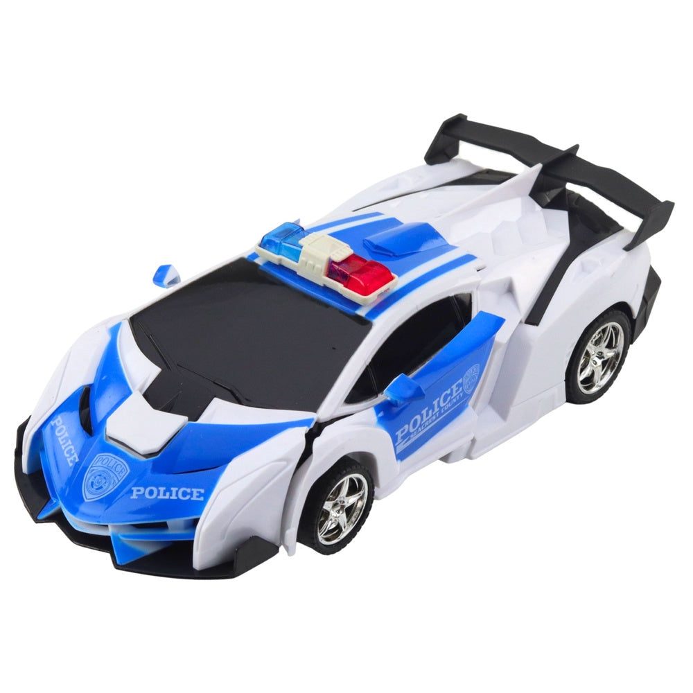 Fjärrstyrd 2-i-1 polisbilsrobot 1:18 med ljus/ljud och batteri