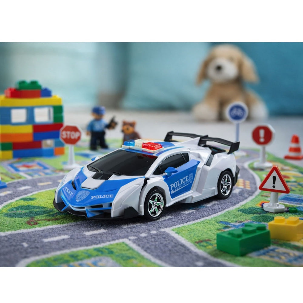 Fjärrstyrd 2-i-1 polisbilsrobot 1:18 med ljus/ljud och batteri