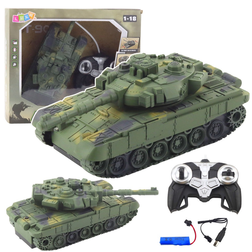 Fjärrstyrd RC-tank T90 1:18 27 MHz 360° torn Li-ion USB-laddning