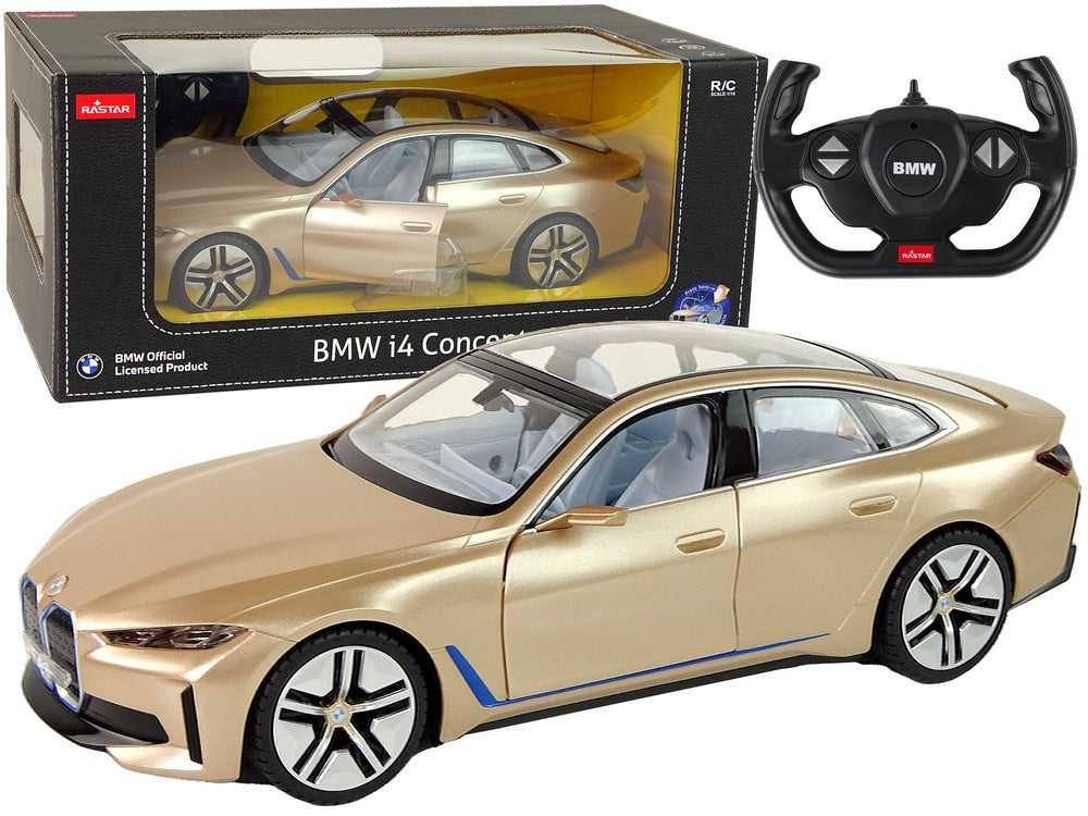 Fjärrstyrd bil BMW i4 1:14 guld med LED-ljus och öppningsbara dörrar
