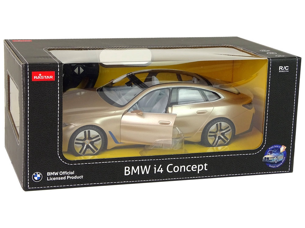 Fjärrstyrd bil BMW i4 1:14 guld med LED-ljus och öppningsbara dörrar