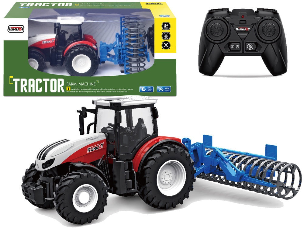 Fjärrstyrd traktor med plog och rulle 1:24 2,4 GHz med ljus