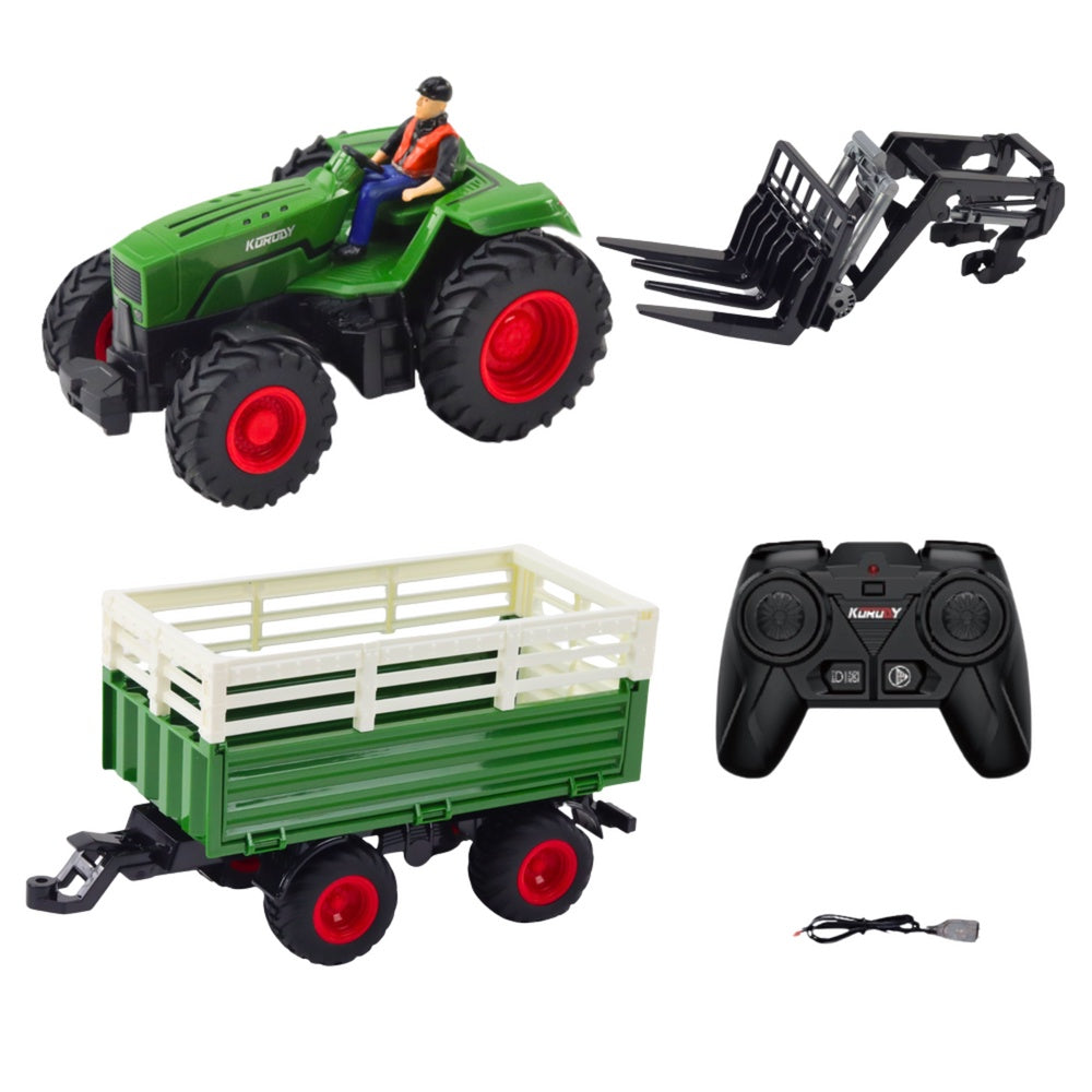 Fjärrstyrd traktor med släp och gafflar 1:24 2.4GHz USB-laddning