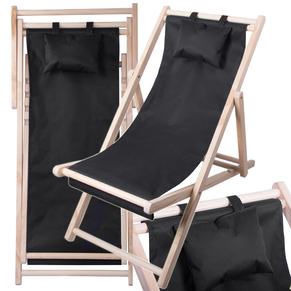 Fällbar solstol i trä med dyna och huvudkudde 4 lägen 122 cm