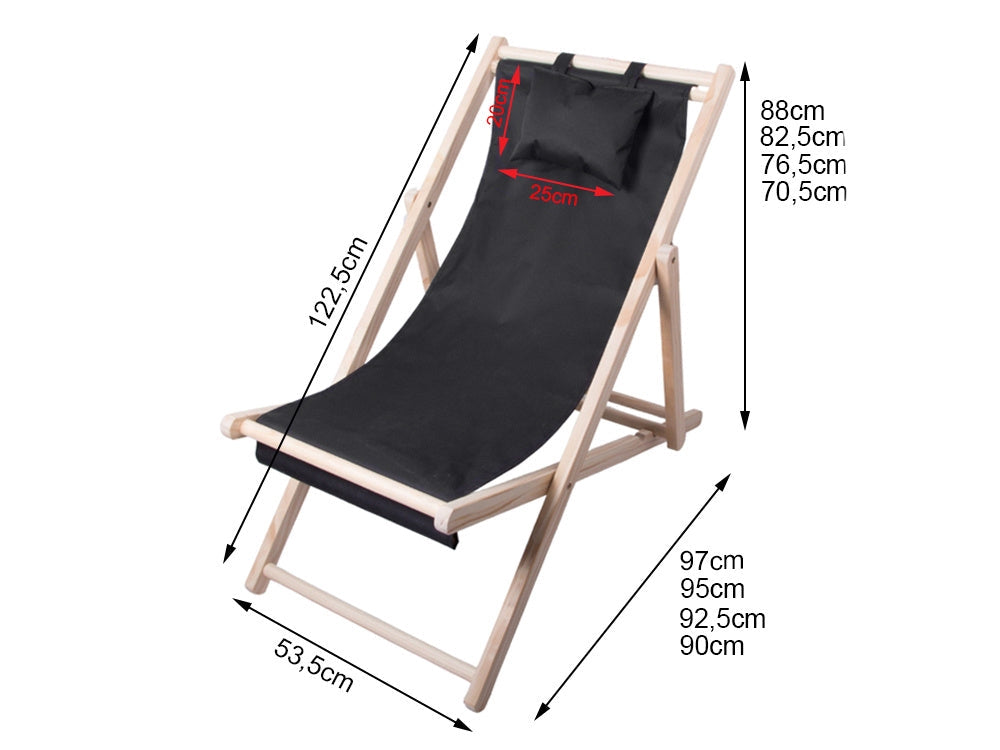 Fällbar solstol i trä med dyna och huvudkudde 4 lägen 122 cm