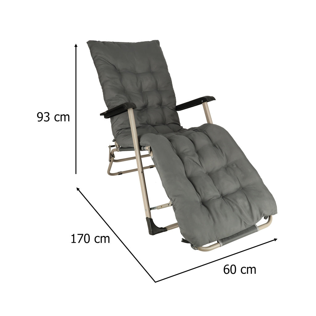Fällbar solstol med armstöd 2 lägen metallram grå 160–170 cm