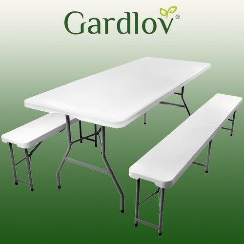 Fällbart trädgårdsbord med 2 bänkar 180x74 cm för 6 personer