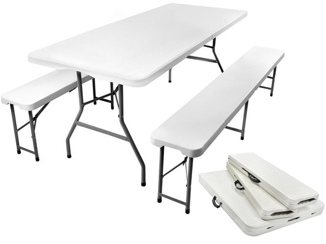 Fällbart trädgårdsbord med 2 bänkar 180x74 cm för 6 personer