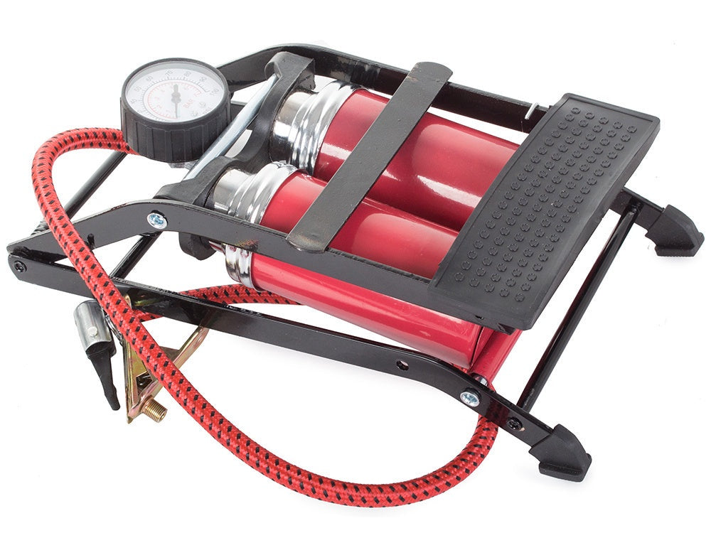 Fotpump med manometer dubbelcylinder 7 bar/100 PSI för bil/cykel