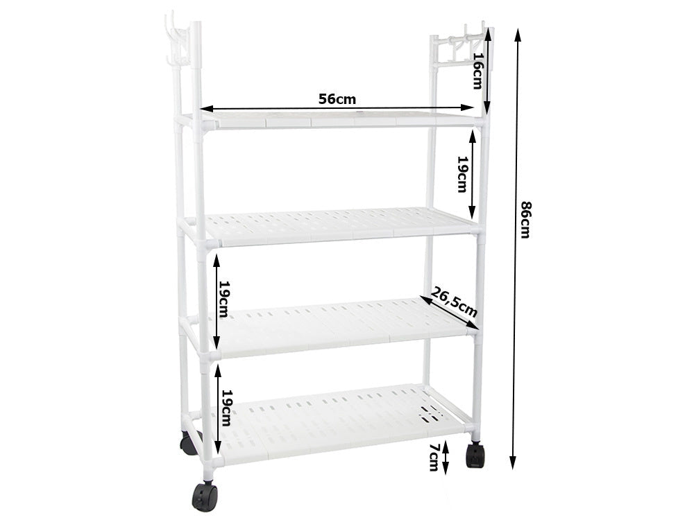 Förvaringshylla med hjul 4 hyllplan + 4 krokar 86x56x26,5 cm