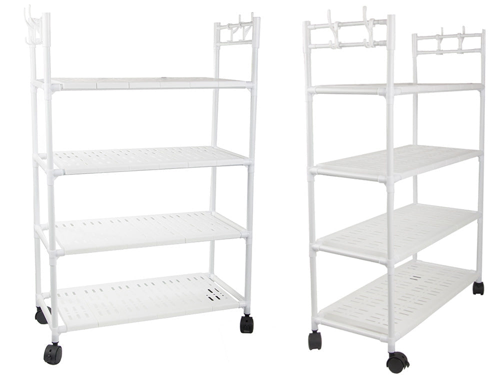 Förvaringshylla med hjul 4 hyllplan + 4 krokar 86x56x26,5 cm